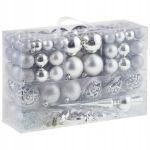 KOMPLET BOMBEK choinkowych nietłukące 111 szt. srebrne bombki
